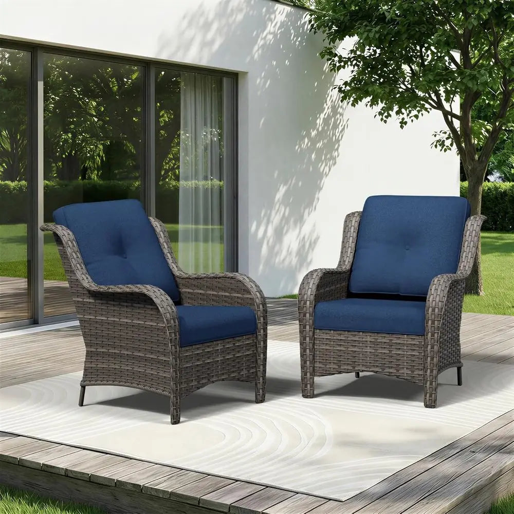 2-Piece Outdoor Wicker Patio Chair Set with Thick Cushions, High Back & Deep Seating – Blue