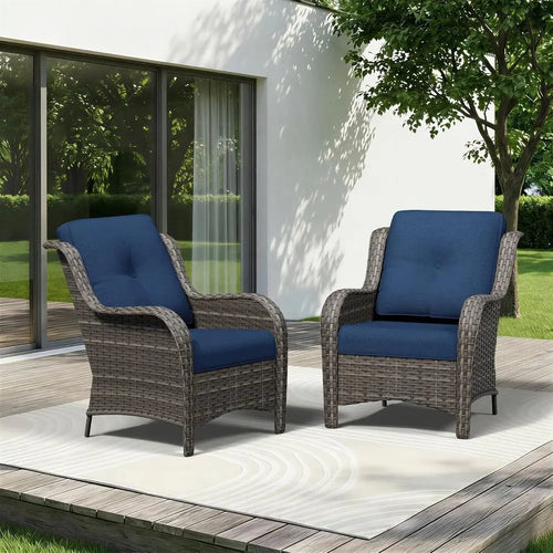 2-Piece Outdoor Wicker Patio Chair Set with Thick Cushions, High Back & Deep Seating – Blue