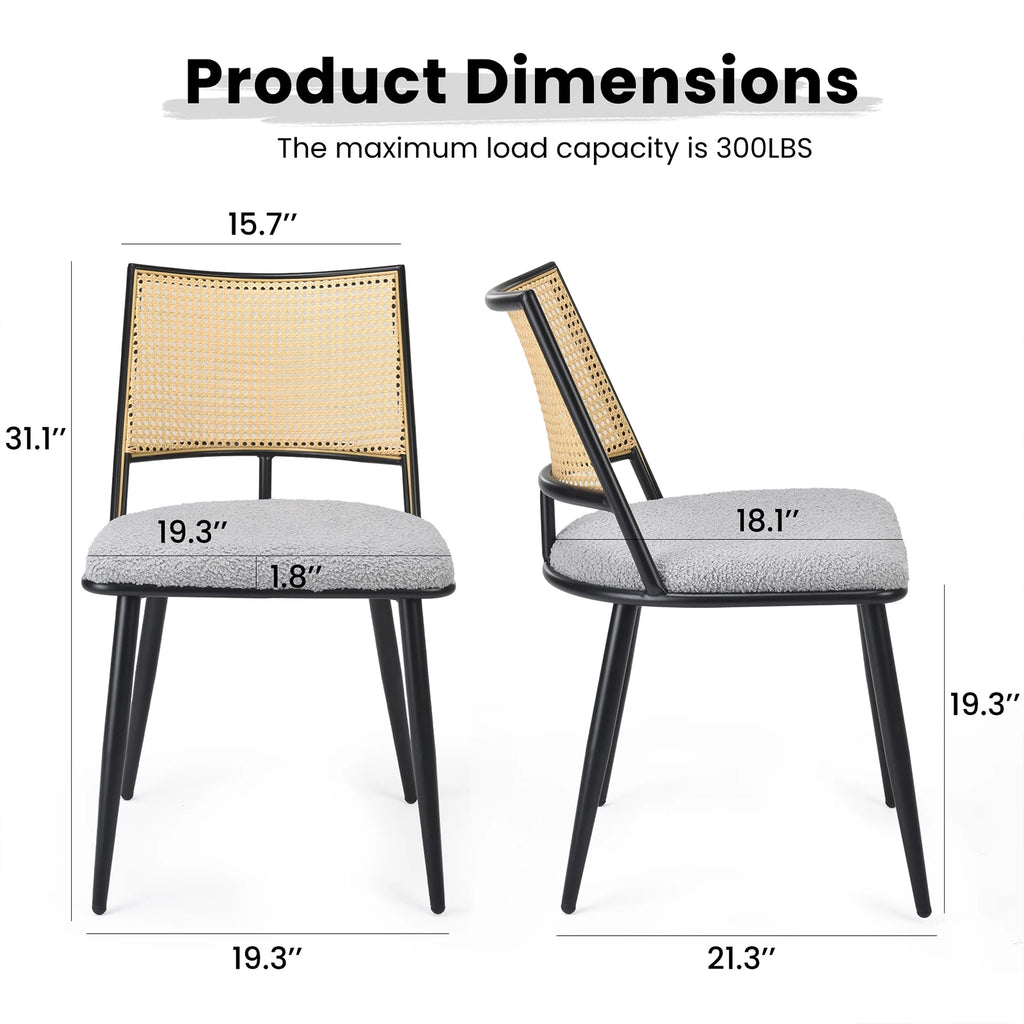 Set of 2 Modern Rattan Dining Chairs, Upholstered Seat & Black Steel Frame, Ideal for Kitchen, Dining Room