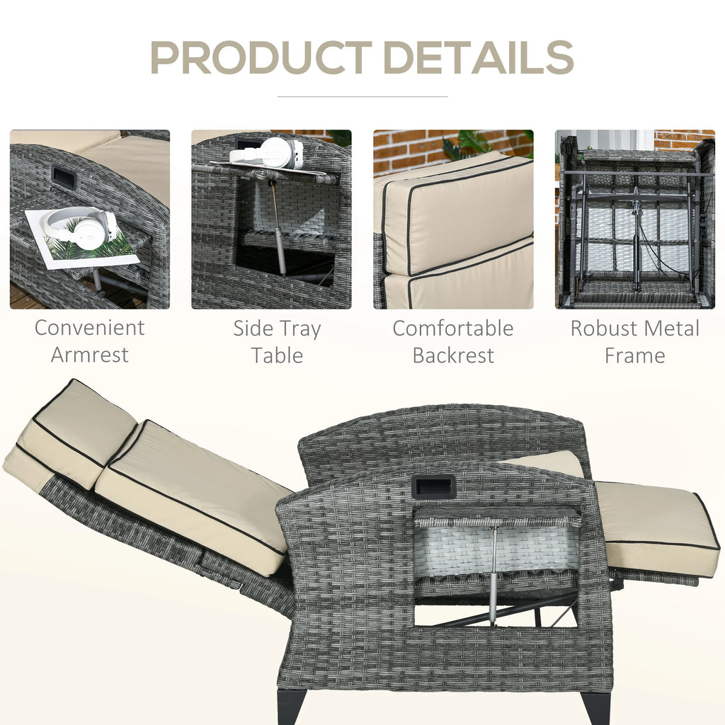 Outdoor Recliner Chair with Adjustable Backrest, Cushion, Khaki