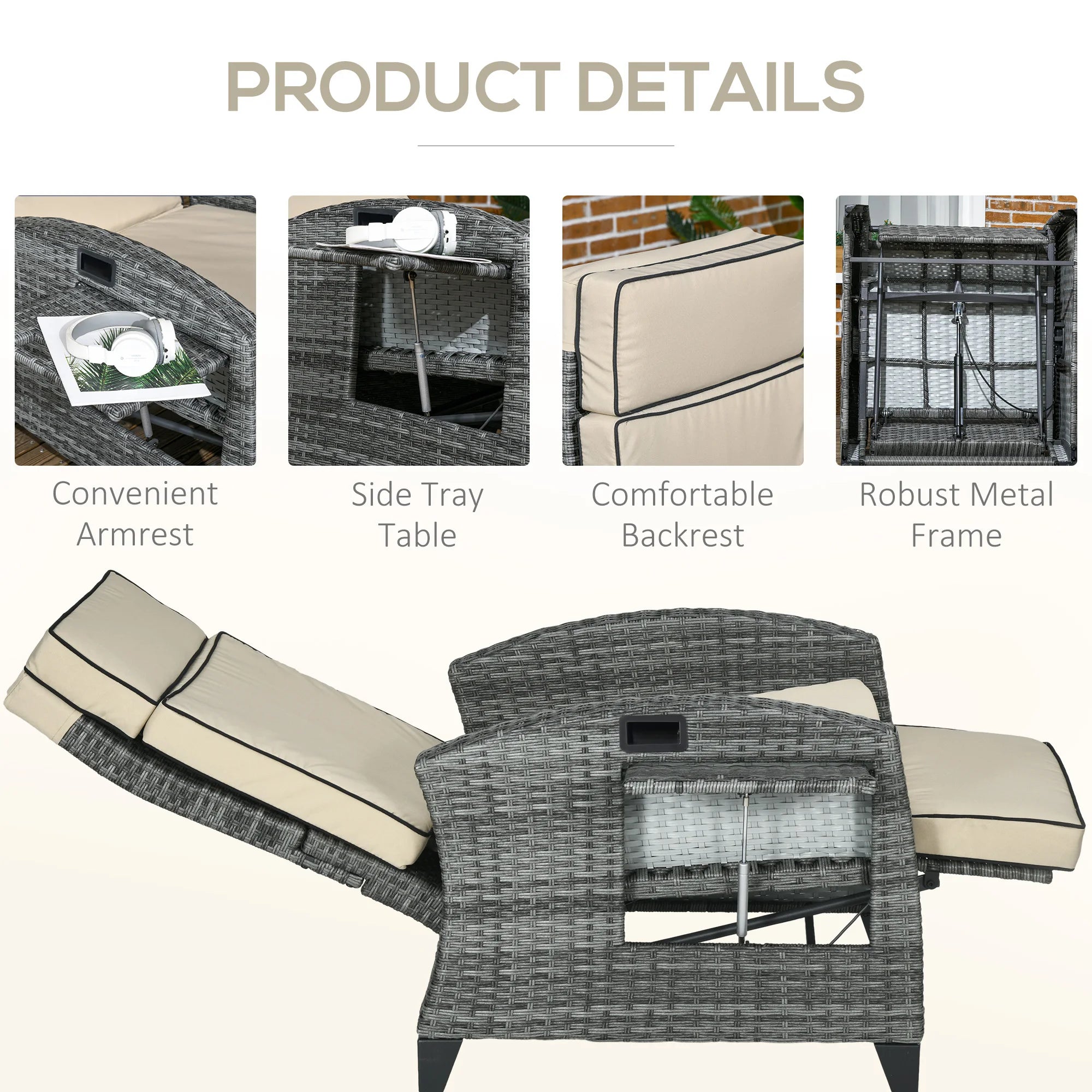 Outdoor Recliner Chair with Adjustable Backrest, Cushion, Khaki