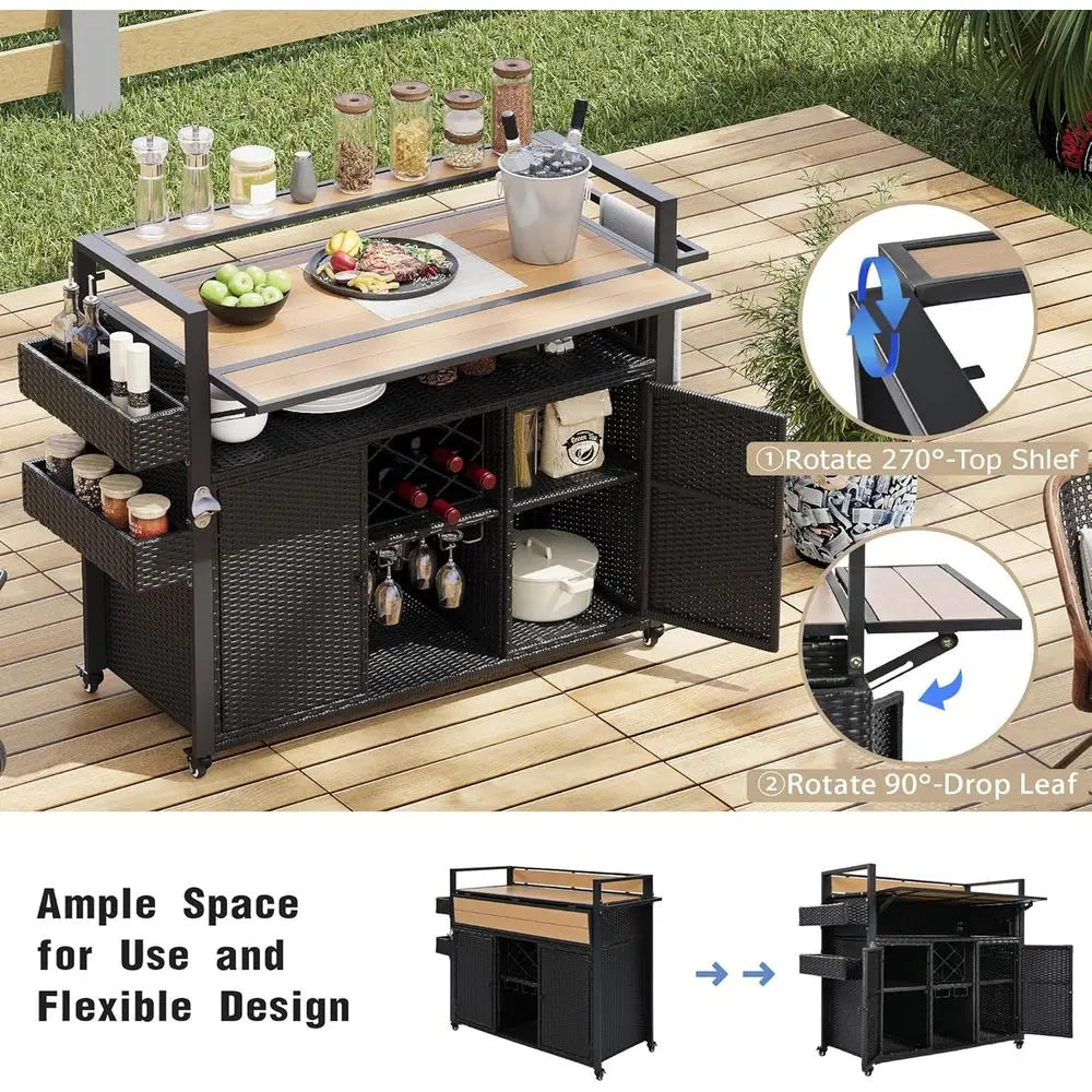 Black Outdoor Wicker Bar Cart with Extendable Plastic Wood Top and Large Storage Cabinet for Patio, Garden, and Poolside