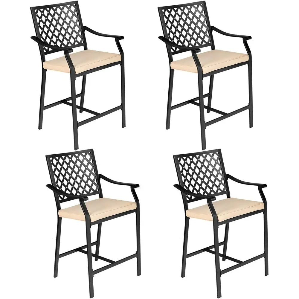 Outdoor Patio Bar Chairs Set of 4 with Cushions, Metal Bistro Style, All-Weather for Garden, Backyard, Porch, Lawn, and Poolside