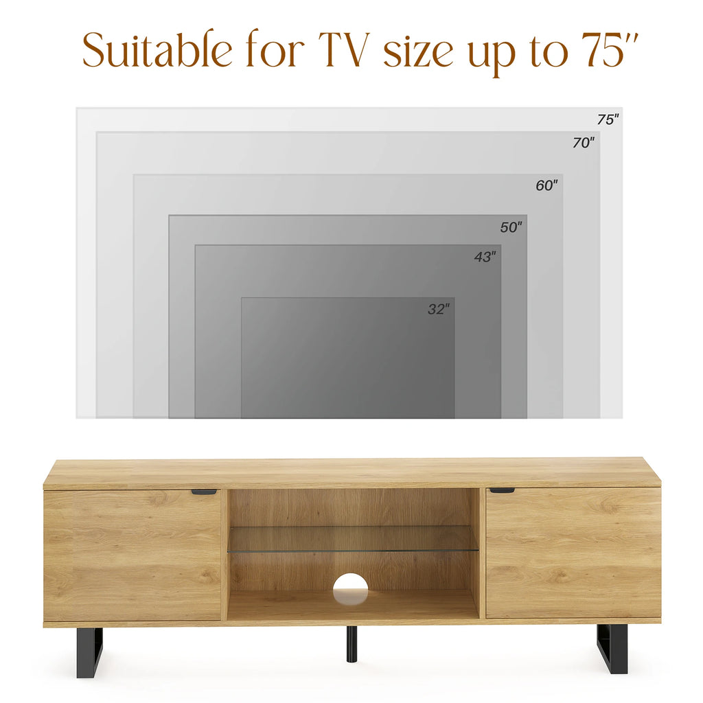 Modern TV Stand for up to 75" TV, Adjustable Glass Shelves, Wood Top & Metal Legs, Entertainment Center for Living Room
