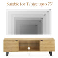 Modern TV Stand for up to 75" TV, Adjustable Glass Shelves, Wood Top & Metal Legs, Entertainment Center for Living Room