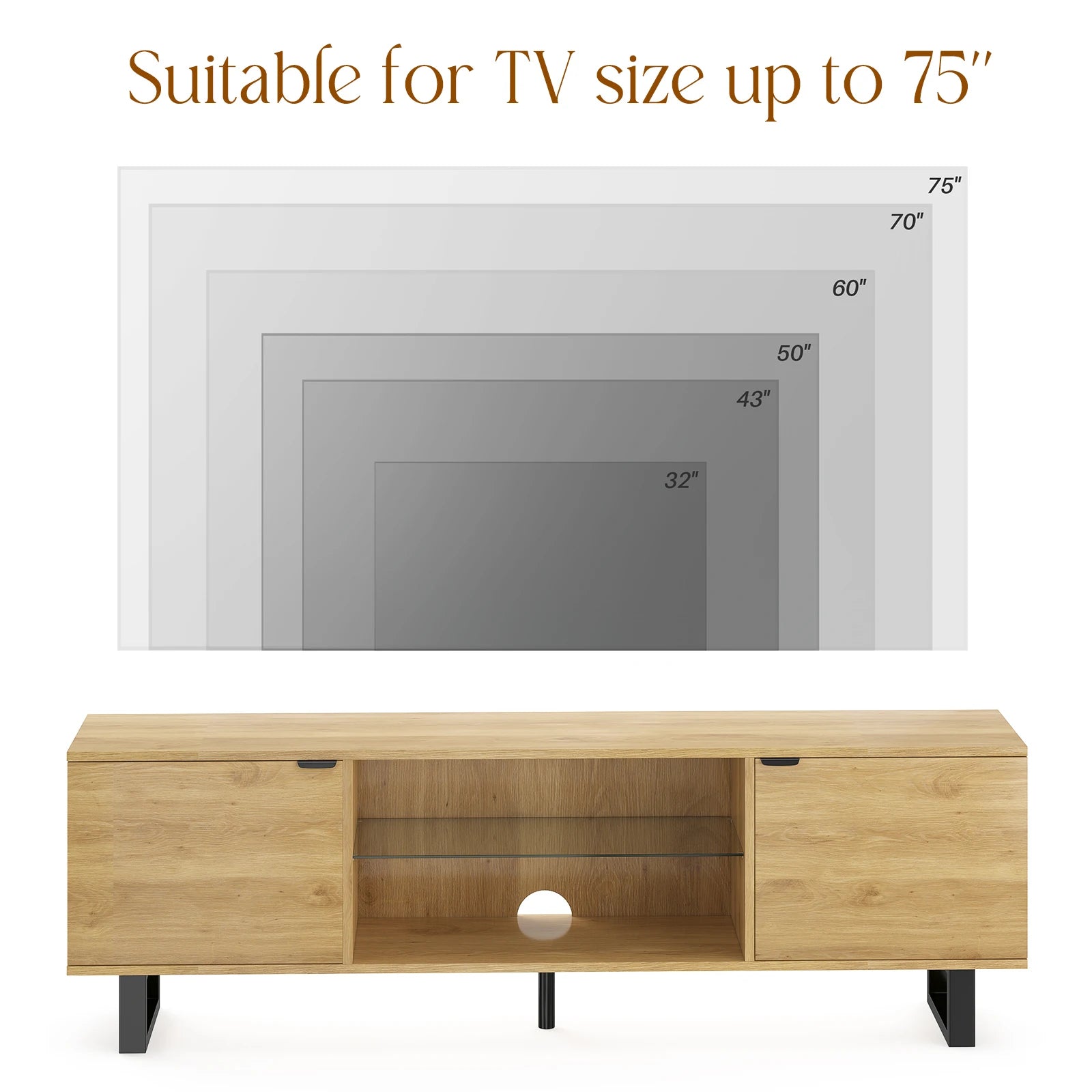 Modern TV Stand for up to 75" TV, Adjustable Glass Shelves, Wood Top & Metal Legs, Entertainment Center for Living Room