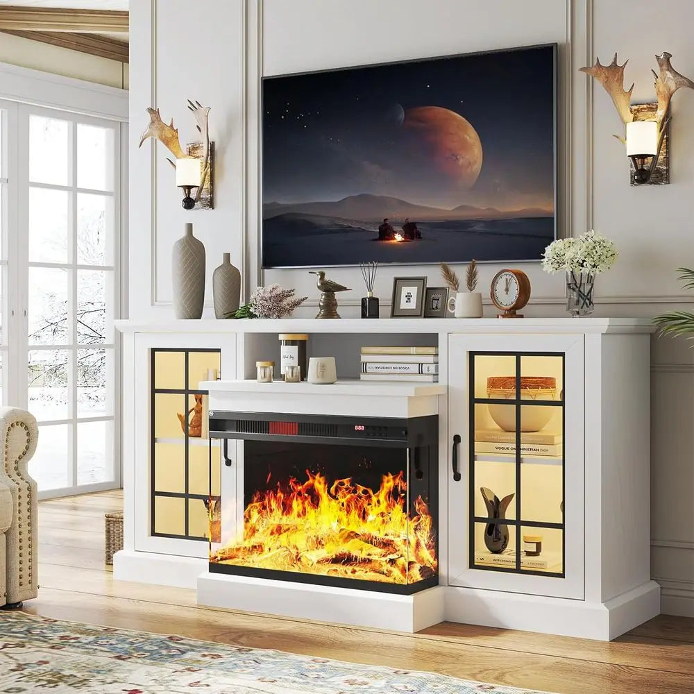 59 3-Sided Glass TV Stand, Entertainment Center for Tvs up to 65, Adjustable LED Light, White Living Room Furniture