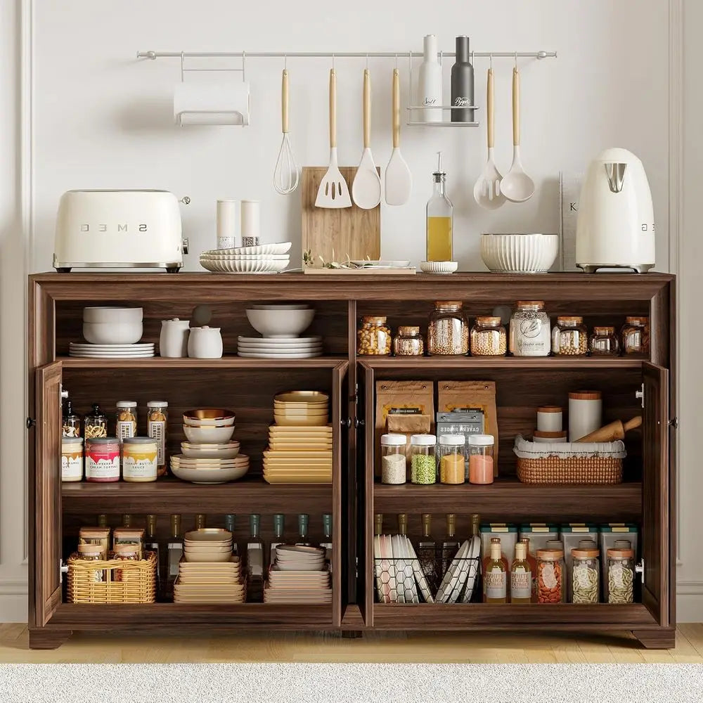 60 Inch Sideboard Buffet Cabinet with Storage, Open Shelves & Adjustable Shelves, Suitable for Kitchen, Coffee Bar, Living Room,