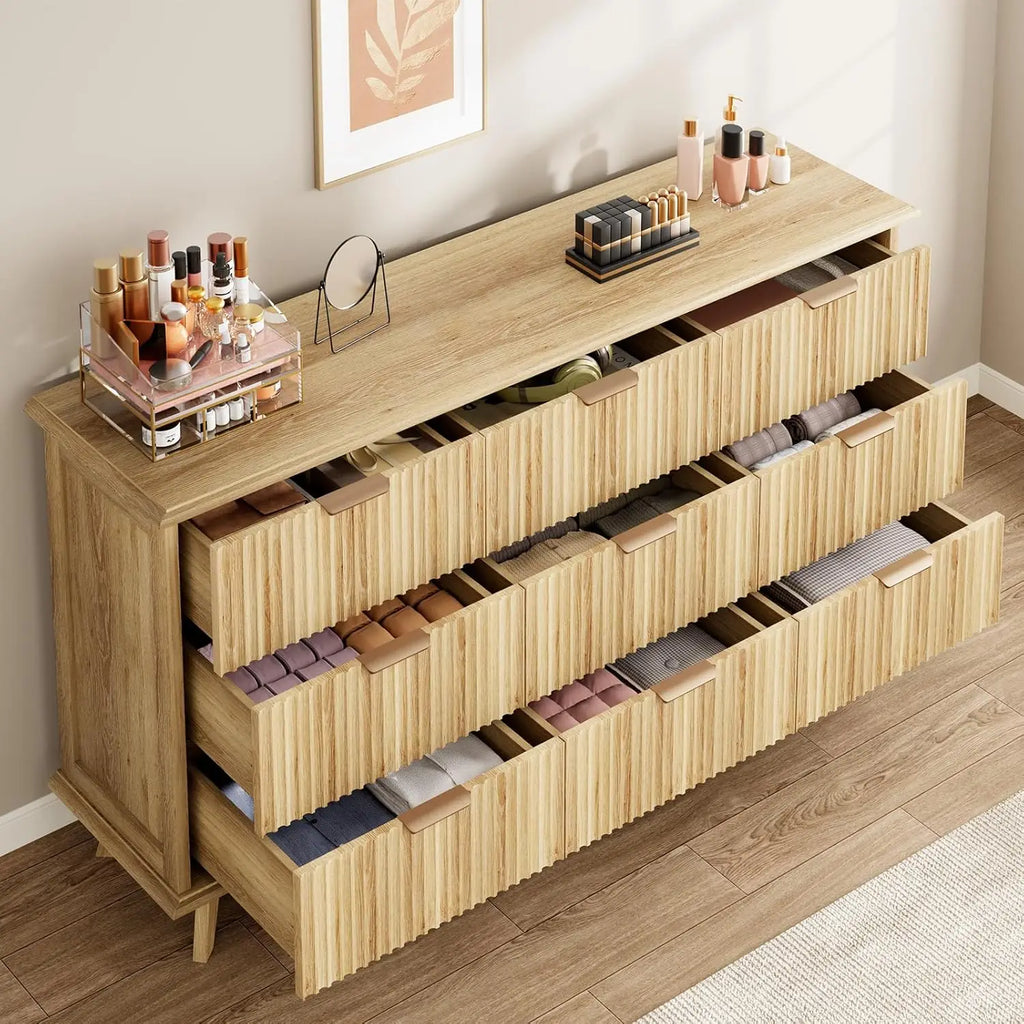 Fluted 9 Drawers Dresser, 59.1" Wide Modern Chest of Drawers with Metal Handle, Large Dresser TV Stand, Wood Drawer, Customized