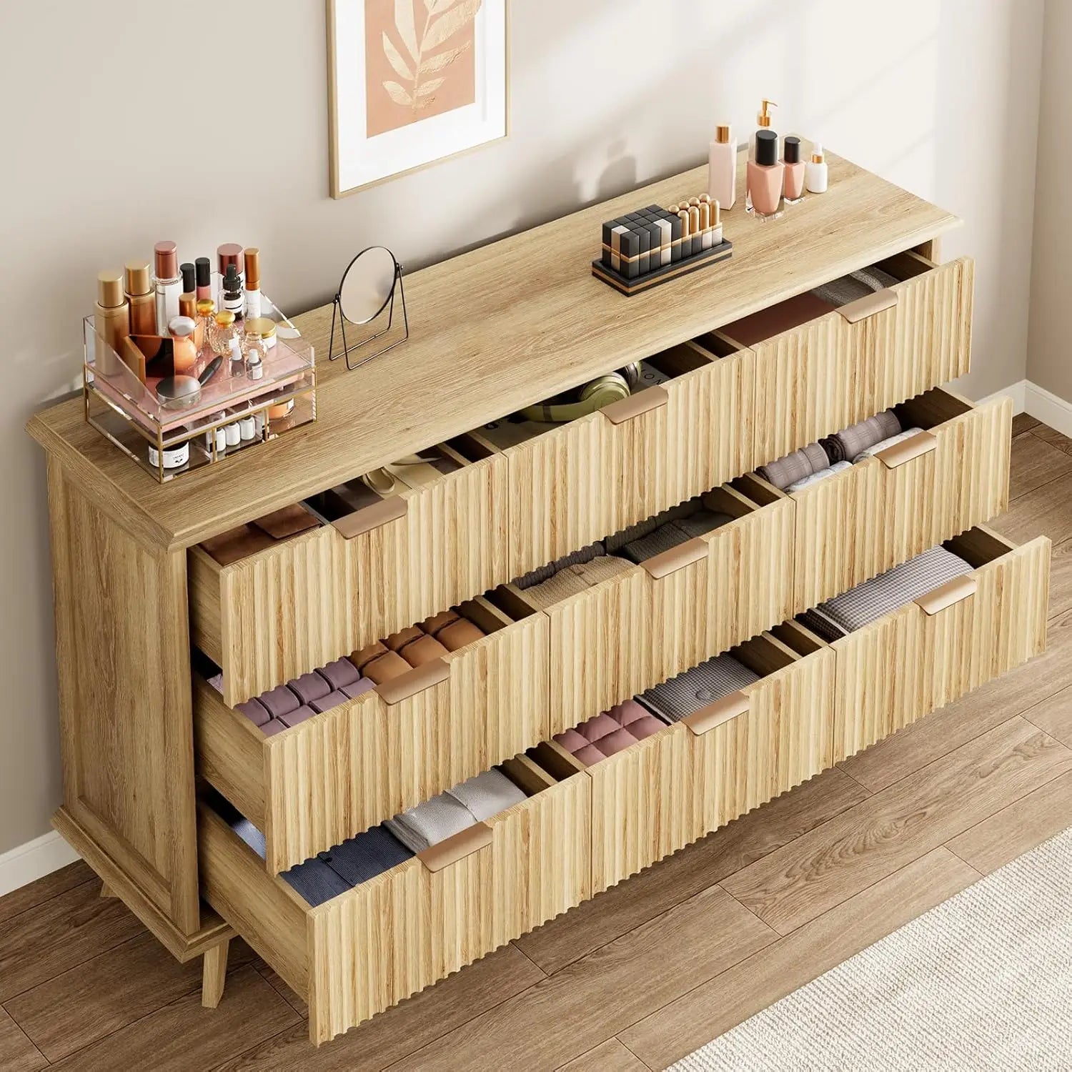 Fluted 9 Drawers Dresser, 59.1" Wide Modern Chest of Drawers with Metal Handle, Large Dresser TV Stand, Wood Drawer, Customized