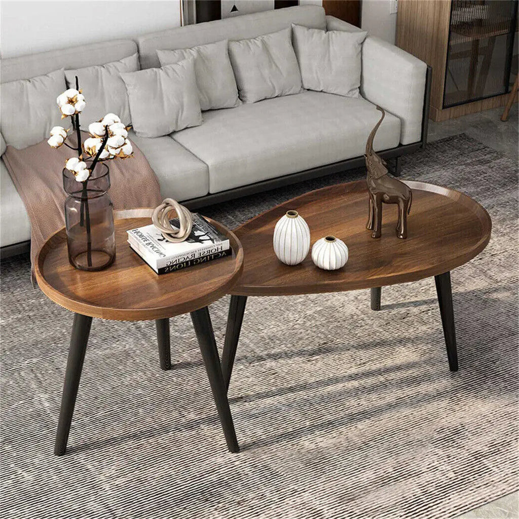 Round Coffee Table Set of 2 Rustic for Living Room Modern Nesting Tables for Balcony Office with Wood Table Top and Metal Legs