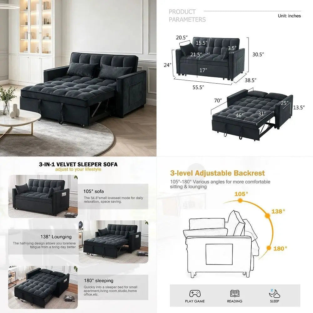 Pull Out Couch Bed Amp Sleeper Sofa, 3In1 Convertible Sofa Bed with Adjustable Backrest, Storage Pockets, Armrests Amp Pillows