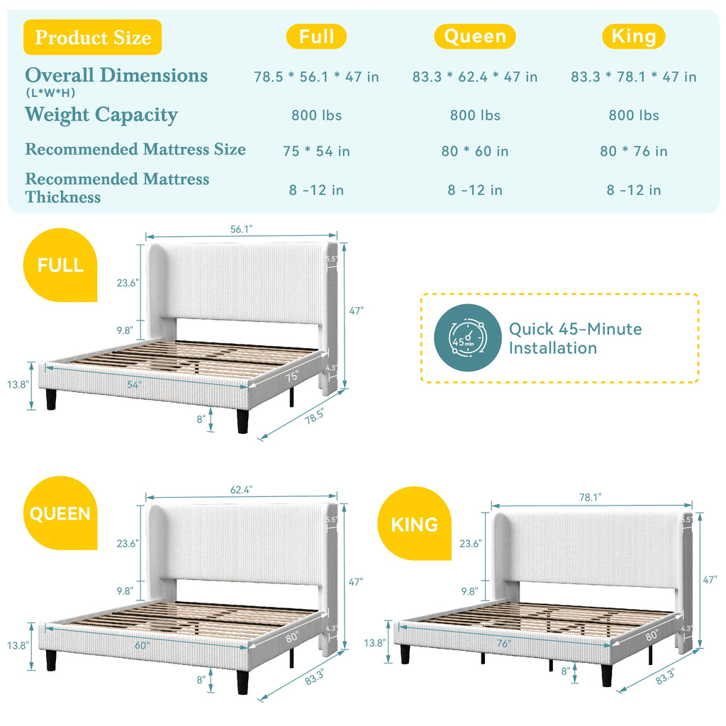 Corduroy Upholstered Platform Bed Frame, Wingback Channel Tufted Headboard, 8" Underbed Storage, No Box Spring Needed