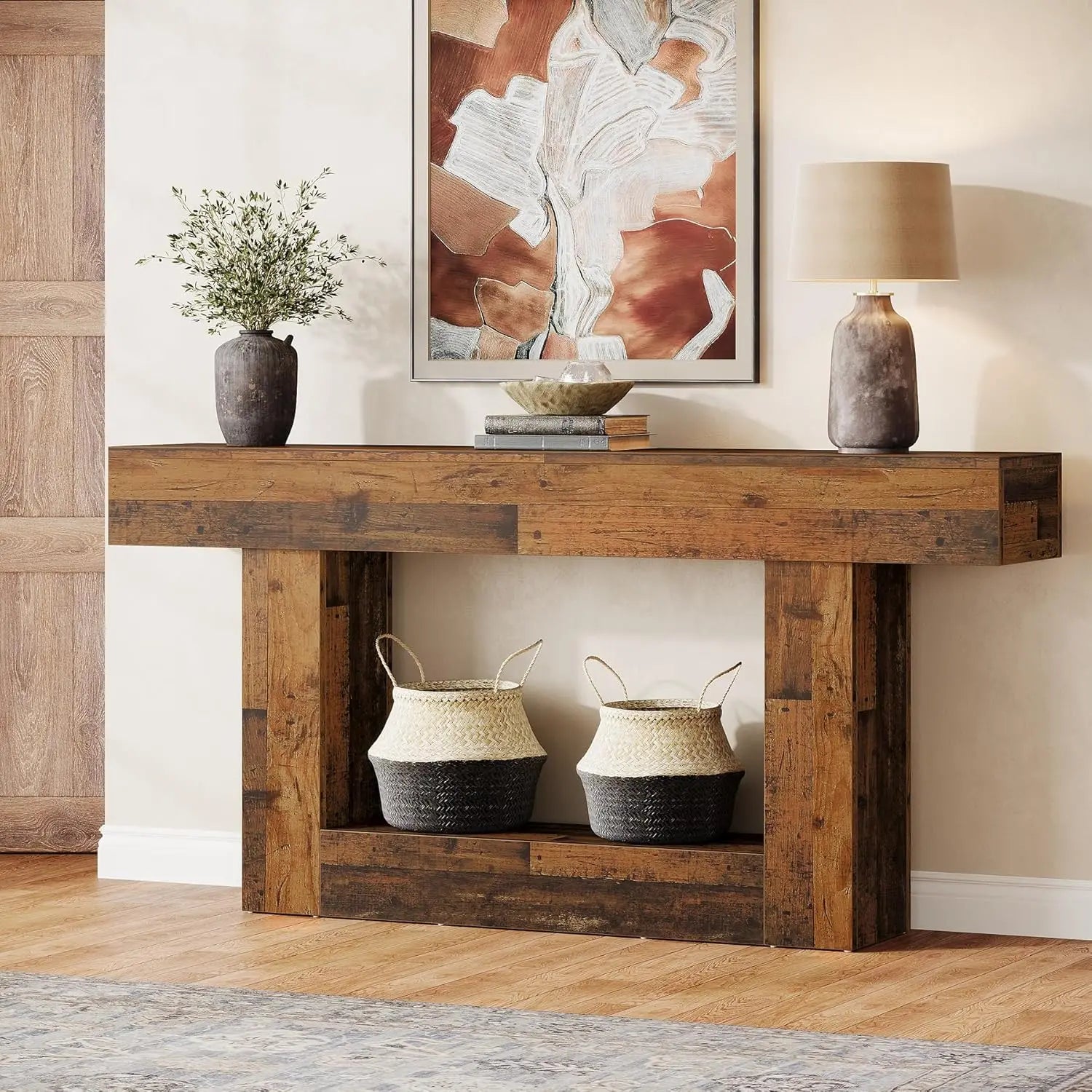 63" Console Table, Farmhouse 2-Tier Entryway Table with U-Shaped Base,Narrow Long Wood Sofa Table behind Couch Table