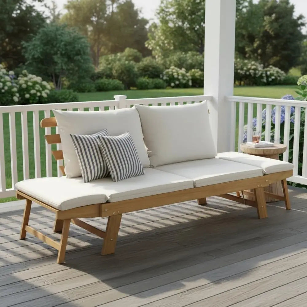 Transform Your Outdoor Space with the Convertible Acacia Wood Patio Couch Sofa Bed - Adjustable Armrests & Cozy Cushions Included!