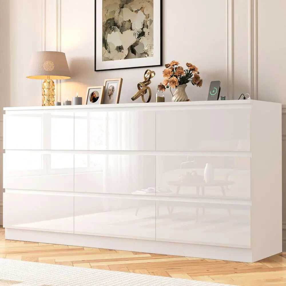 70 Inch Wide High Gloss White Chest of Drawers with Power Outlet for Large Storage in Bedroom