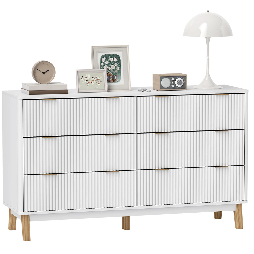 Fluted Dresser for Bedroom with 6 Drawers, 54" Wide Chest of Drawers with Gold Finger Pulls and 5 Wood Legs, White