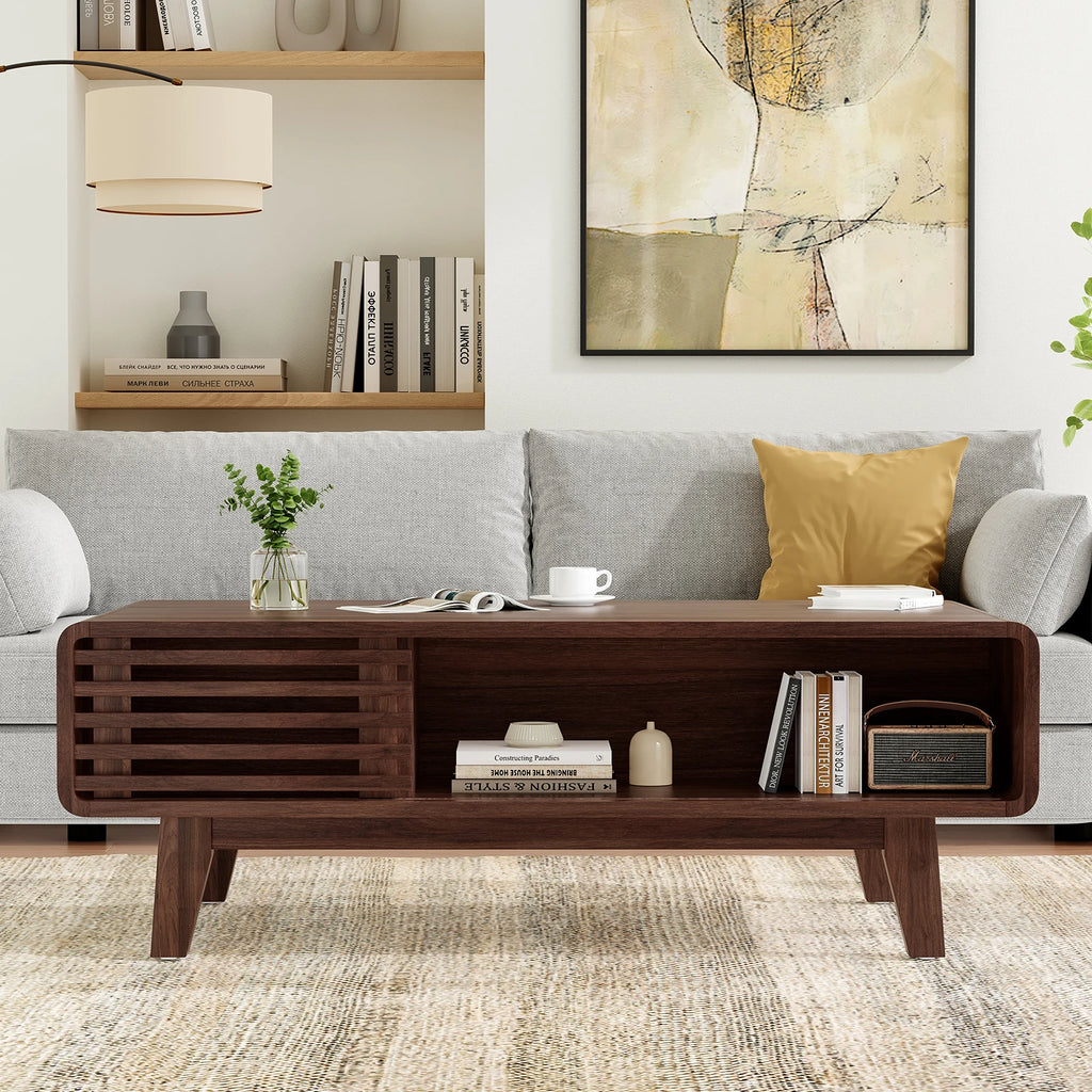 Mid Century Modern Farmhouse Coffee Table with Storage, Wood Table for Living Room, Farmhouse Style