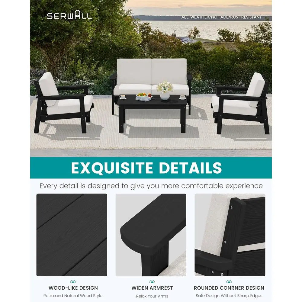 Stylish All-Weather HDPE Outdoor Sofa Set - 2-Piece Patio Furniture with Elegant Black Chairs and Comfortable Khaki Cushions