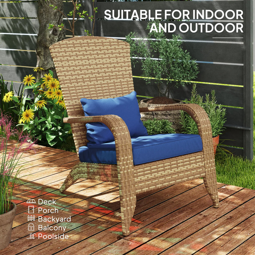 Patio Adirondack Chair with All-Weather Rattan Wicker, Soft Cushions, Tall Curved Backrest for Deck or Garden, Dark Blue