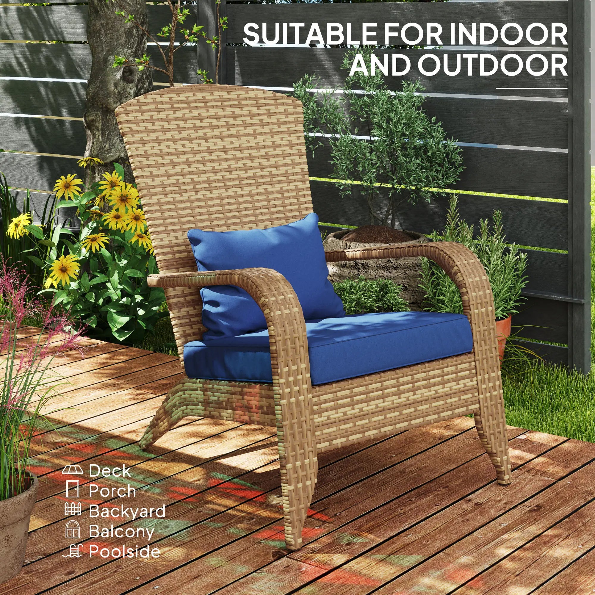 Patio Adirondack Chair with All-Weather Rattan Wicker, Soft Cushions, Tall Curved Backrest for Deck or Garden, Dark Blue