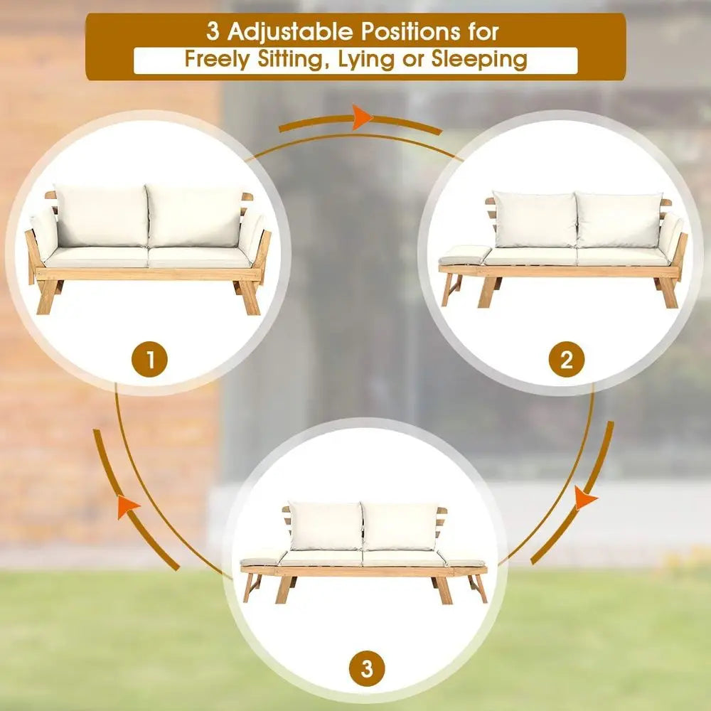 Transform Your Outdoor Space with the Convertible Acacia Wood Patio Couch Sofa Bed - Adjustable Armrests & Cozy Cushions Included!