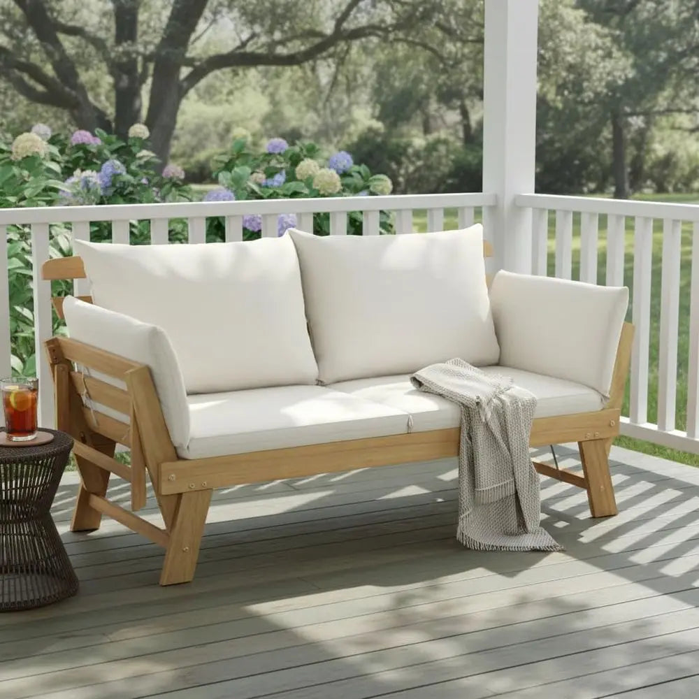 Acacia Wood Outdoor Daybed with Cushion & Pillows, Adjustable Armrest, Patio Sofa Bed for Courtyard, Poolside, and Garden