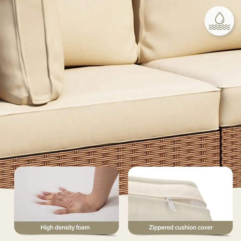 7-Piece Outdoor Patio Furniture Set: Sectional Sofa with Wicker Rattan and Cushions, Glass Table (Cream White)