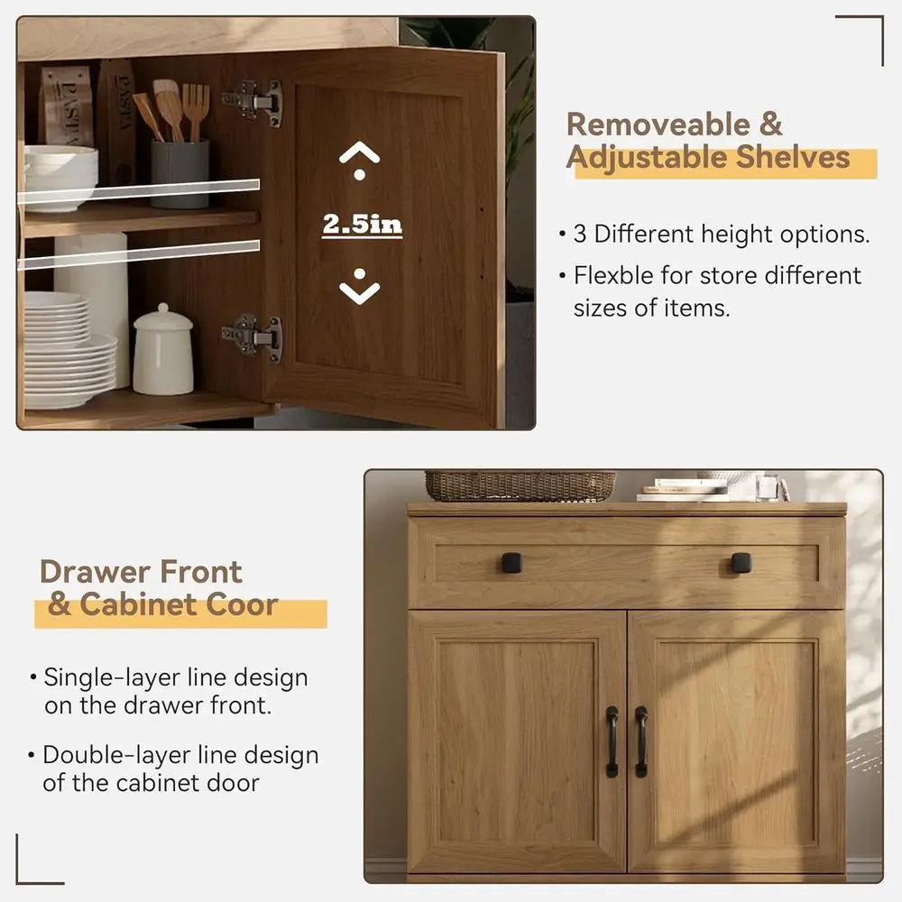 3-In-1 Oak Storage Cabinet with Drawer and Door for Kitchen, Coffee Bar, Living Room