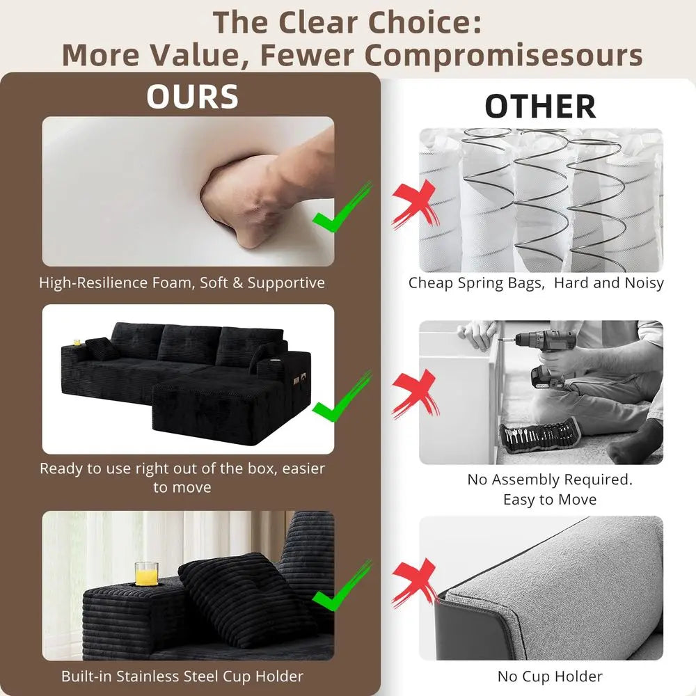 Boneless Couches for Living Room, Modular Sectional Sofa with Oversized Chaise, Lshape Cloud Couch with Deep Seat Black, Right