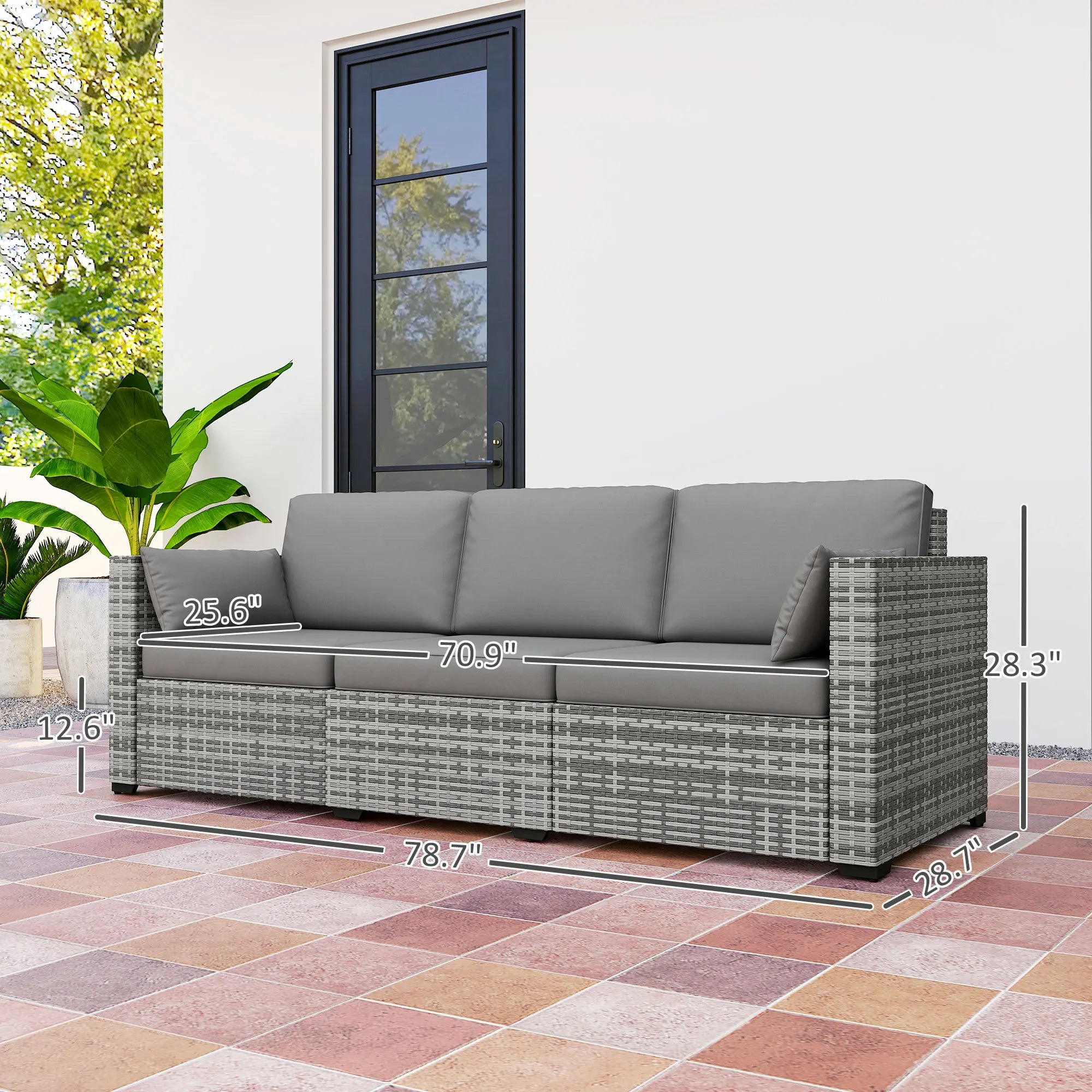 Wicker Patio Couch, Pe Rattan 3-Seat Sofa, Outdoor Furniture with Deep Seating, Cushions, Steel Frame, Gray
