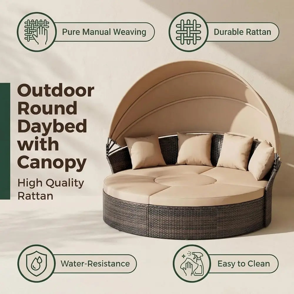 Outdoor Patio Daybed with Retractable Canopy – 5-Piece Brown Wicker Rattan Round Sectional Sofa Set