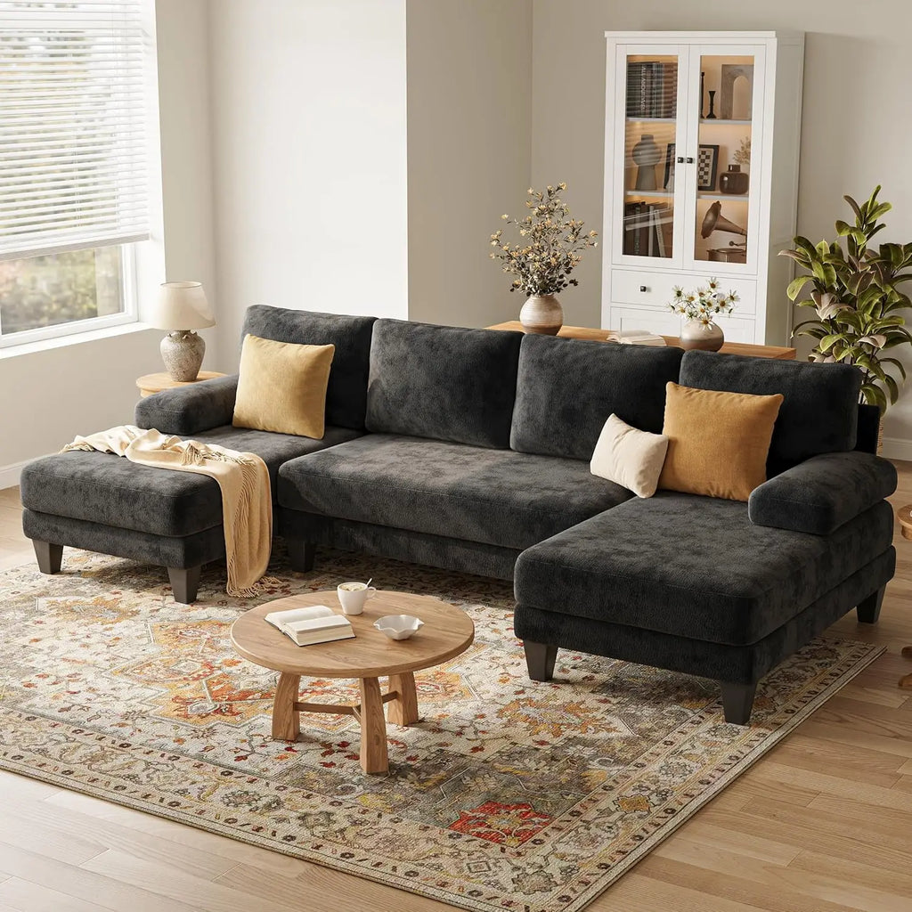 U-Shaped Sectional Couches for Living Room | Chenille Sofa with Double Chaise | 112 Inch Dark Grey Sectionals Couch, Customized