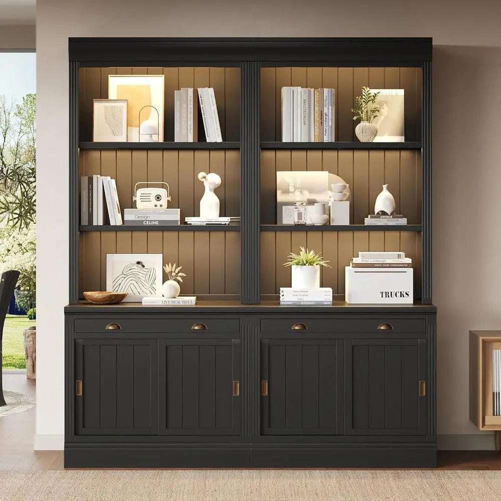 83.4 High Black Led-Lit Bookshelf, 2 Modern Wood Bookcases with Sliding Doors, Storage Shelves for Living Room & Home Office (Bl