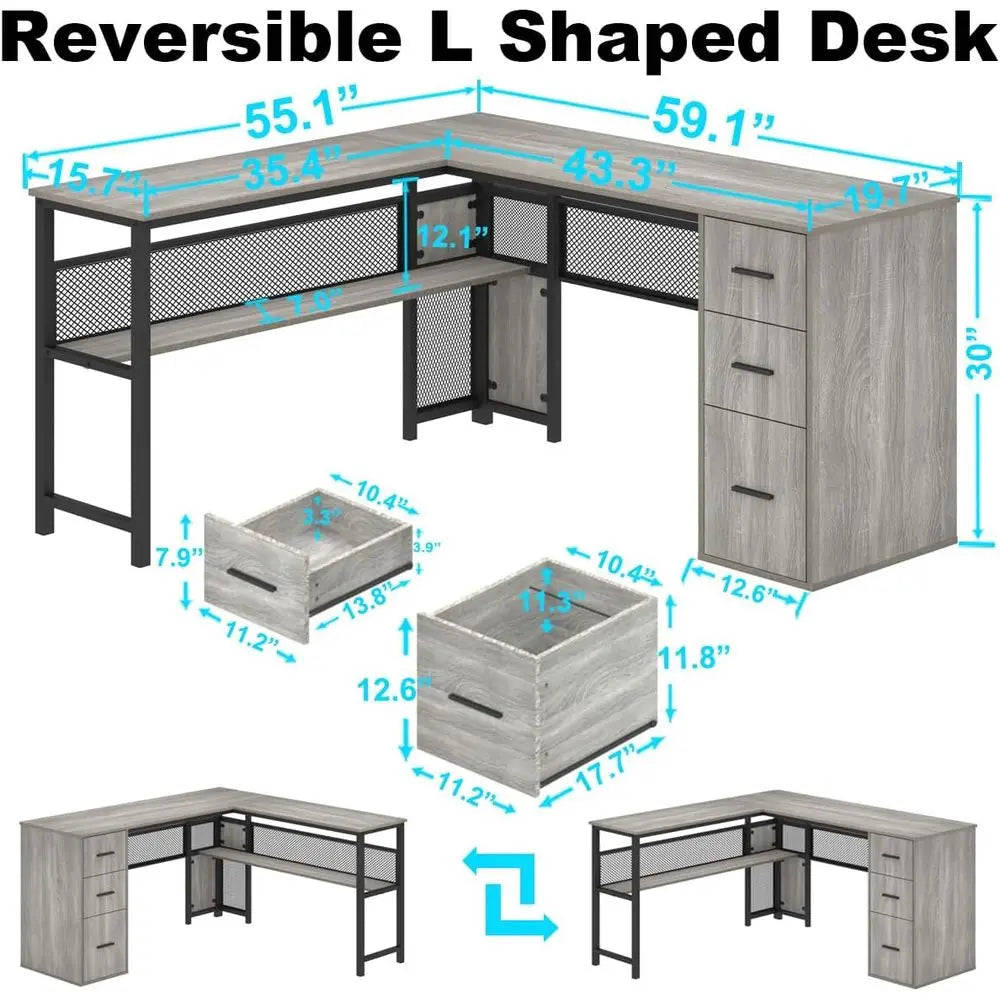 Gray L-Shaped Desk with Drawers, Large Workstation, Storage Shelves, Light Grey Oak, 59 Inch