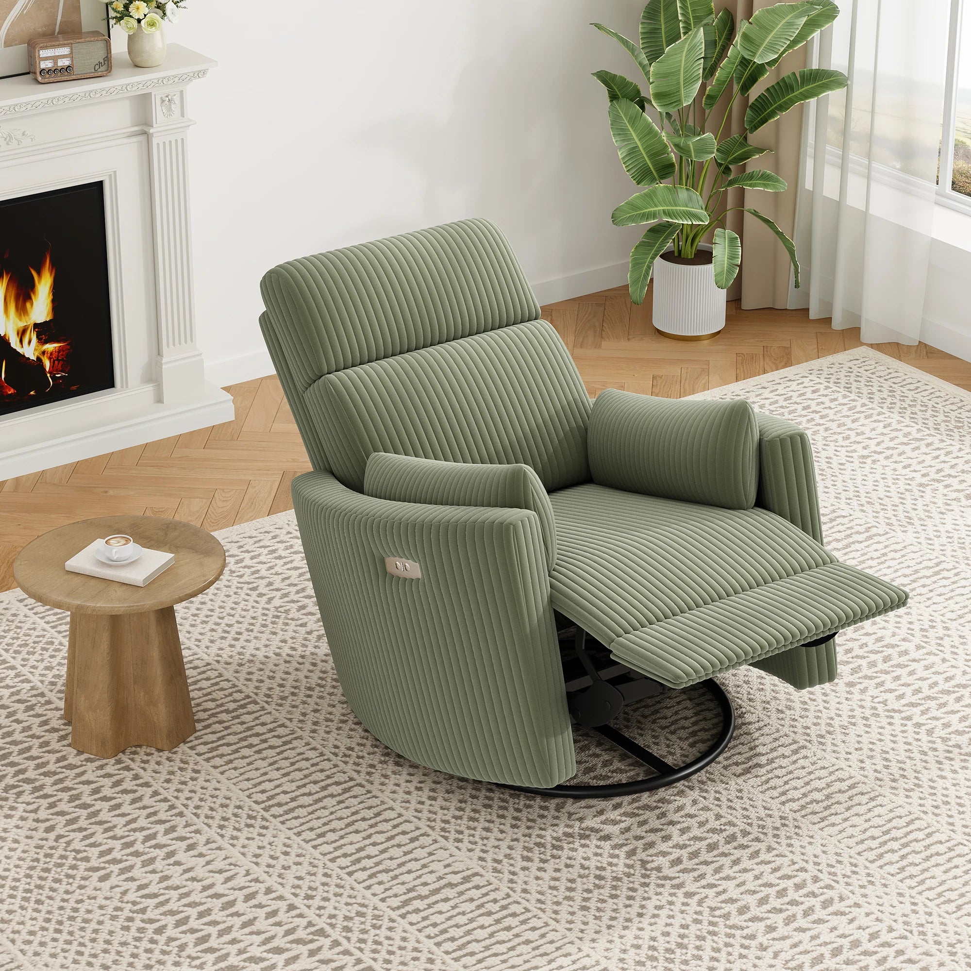Electric Swivel Recliner Chair with USB Ports, Chenille Fabric, 300Lbs Capacity, Soft Pillows, for Living Room Home