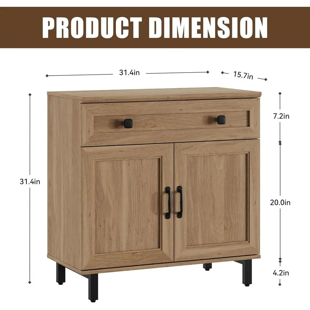 3-In-1 Oak Storage Cabinet with Drawer and Door for Kitchen, Coffee Bar, Living Room