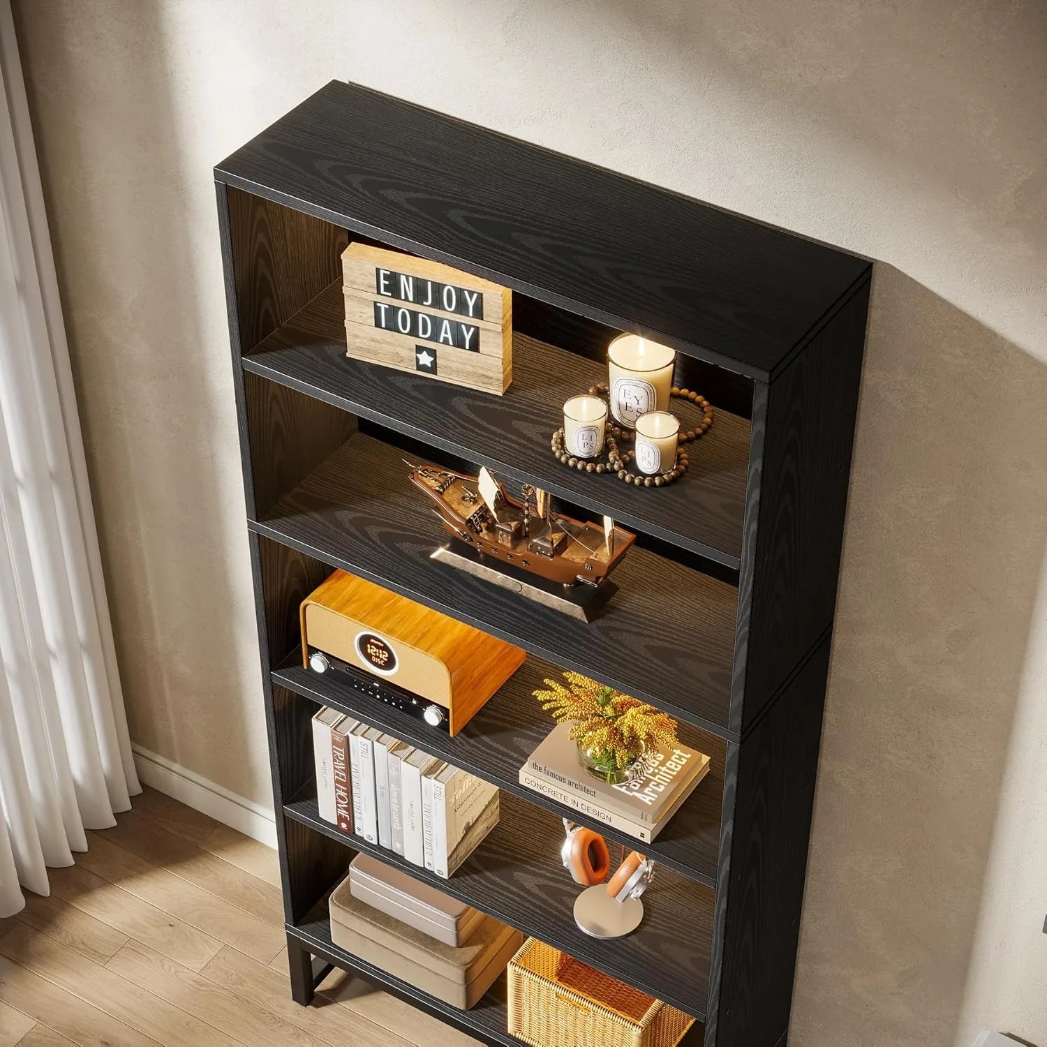 Tall Black Bookcase, 70.8 Inch Large LED Light Bookcase, 5 Tier Free Standing Storage Bookshelf for Living Room