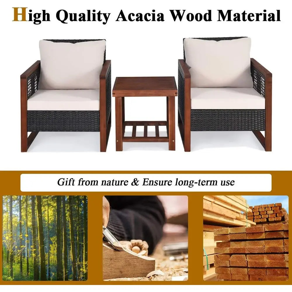 3-Piece Outdoor Wicker Sofa Set with Washable Cushions and Acacia Wood Coffee Table, Suitable for Bistro, Garden, or Balcony (Be