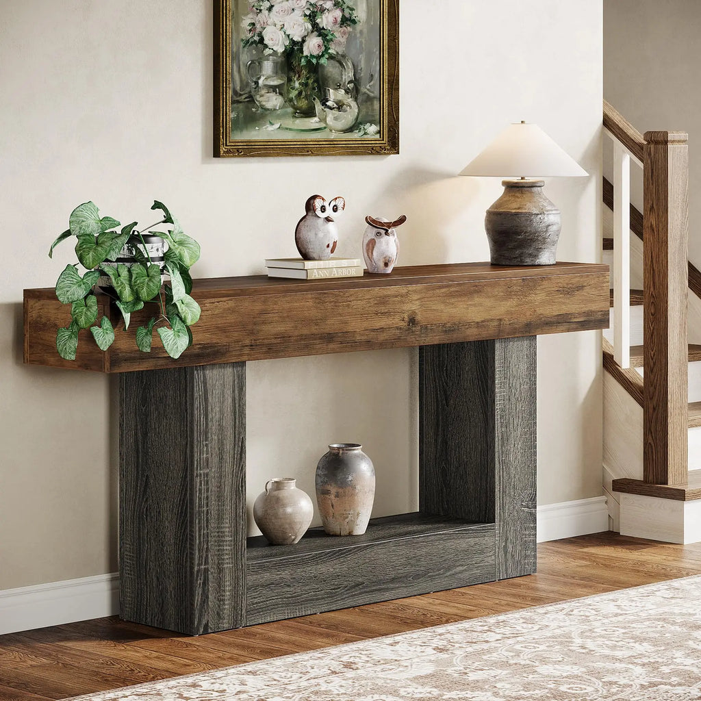 63" Console Table, Farmhouse 2-Tier Entryway Table with U-Shaped Base,Narrow Long Wood Sofa Table behind Couch Table