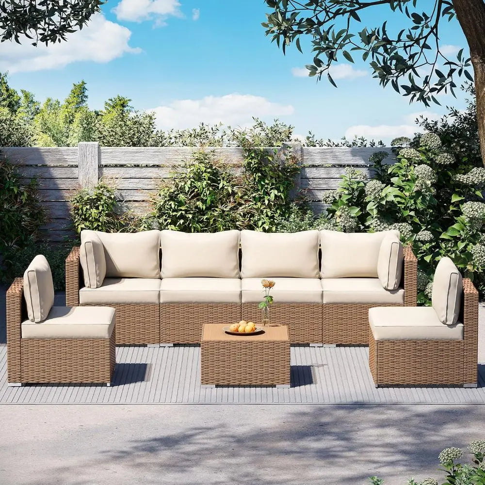 7-Piece Outdoor Patio Furniture Set: Sectional Sofa with Wicker Rattan and Cushions, Glass Table (Cream White)