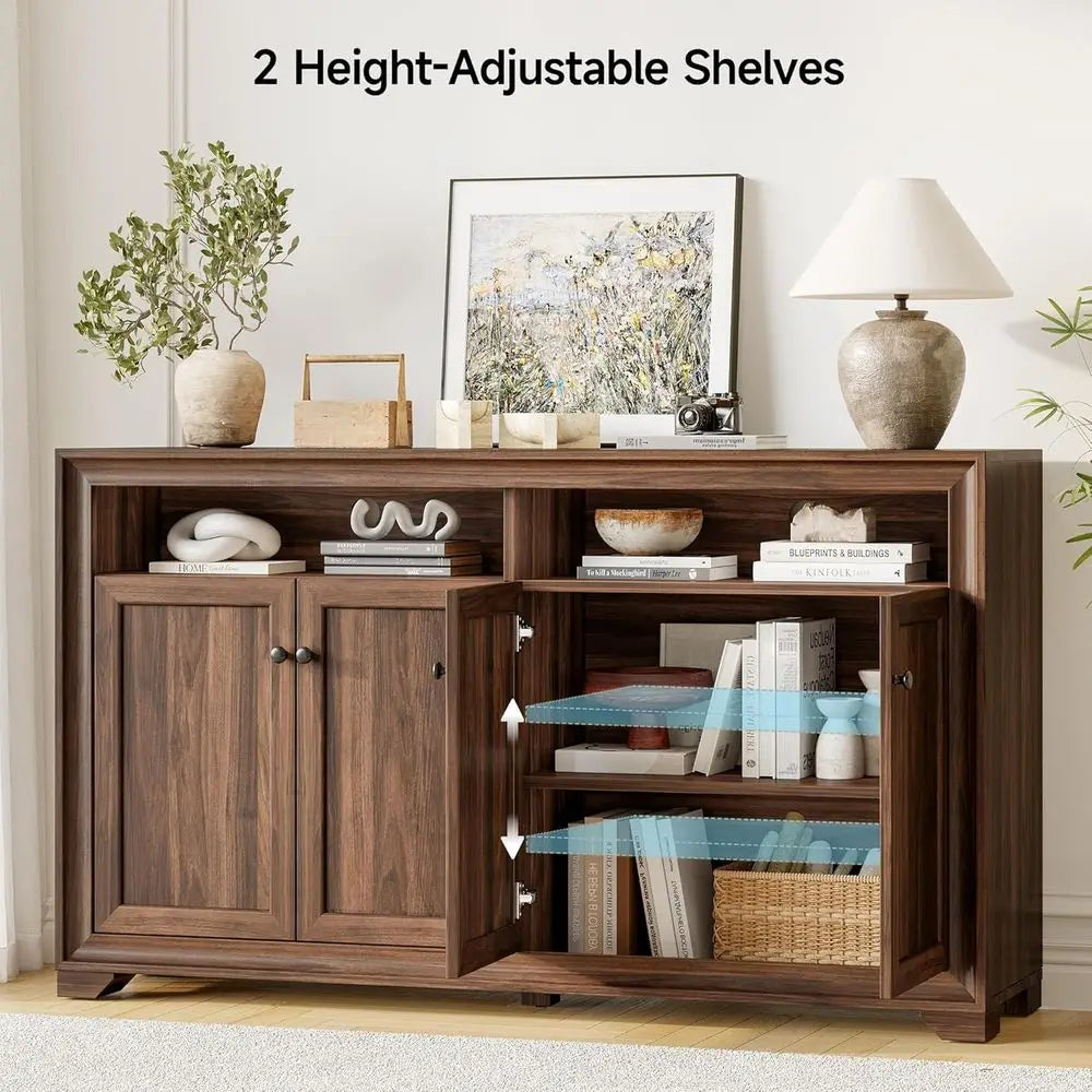 60 Inch Sideboard Buffet Cabinet with Storage, Open Shelves & Adjustable Shelves, Suitable for Kitchen, Coffee Bar, Living Room,