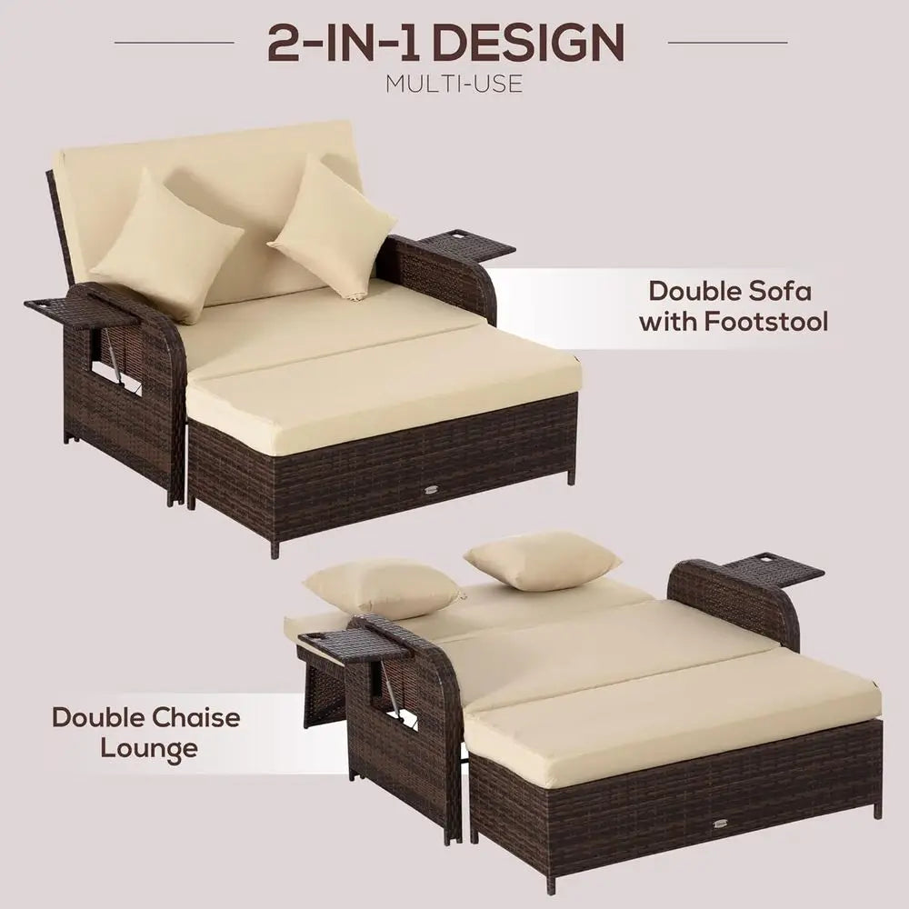 Beige Rattan Daybed with Cushions, Outdoor Wicker Lounge Bed Set, Ottoman, Coffee and Side Tables for Patio, Poolside