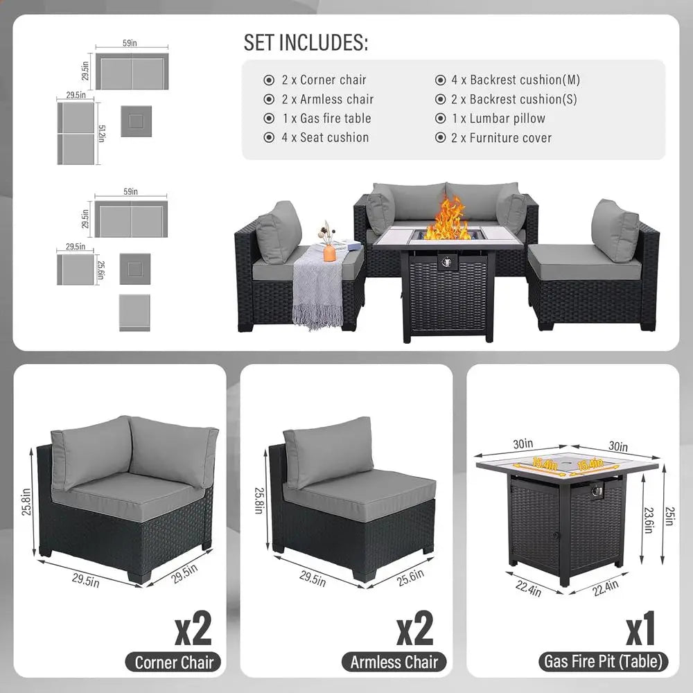 5-Piece Outdoor Patio Furniture Set with Grey Cushions, Black Rattan Wicker Sectional Sofa, Resin Couch, and Propane Fire Pit Ta