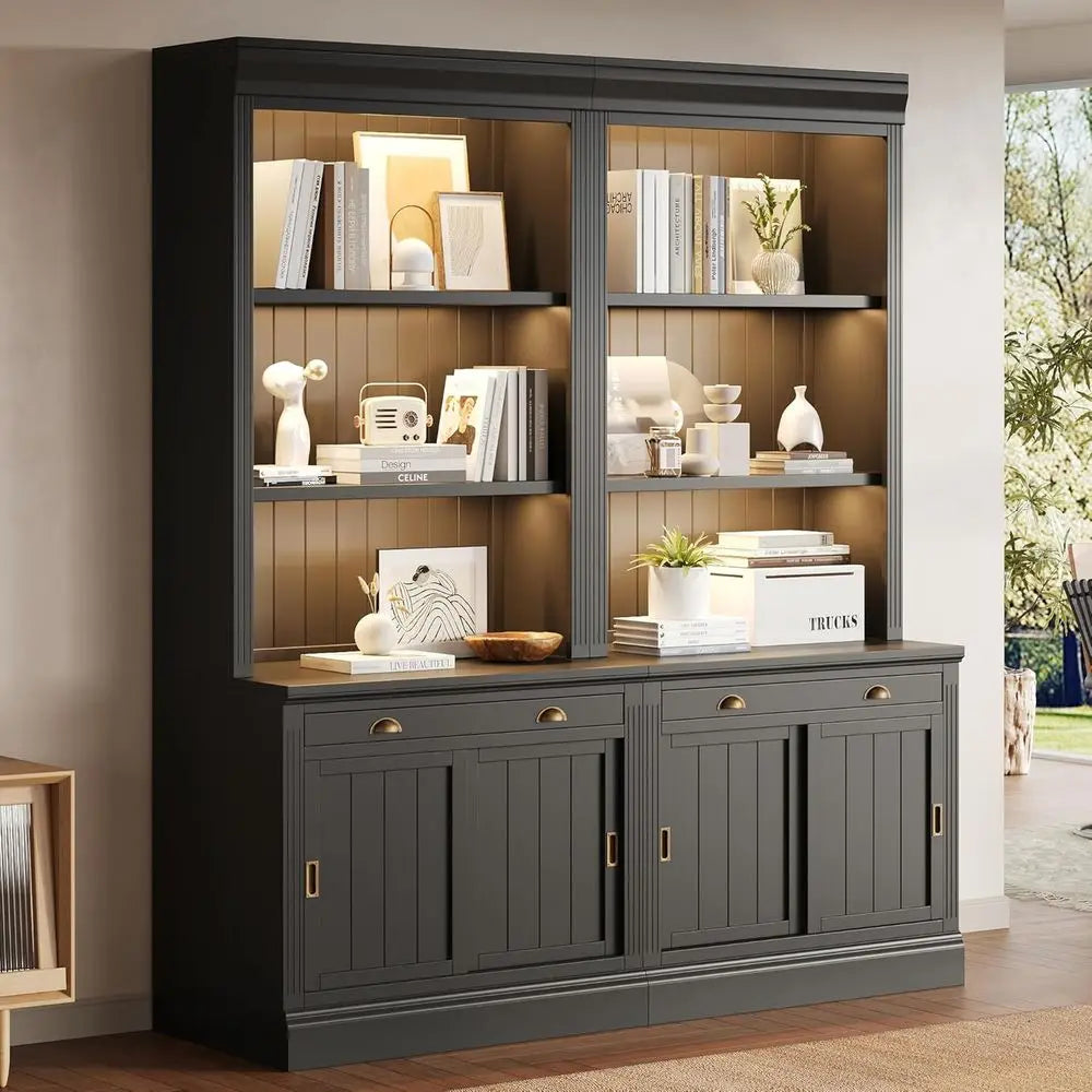 83.4 High Black Led-Lit Bookshelf, 2 Modern Wood Bookcases with Sliding Doors, Storage Shelves for Living Room & Home Office (Bl