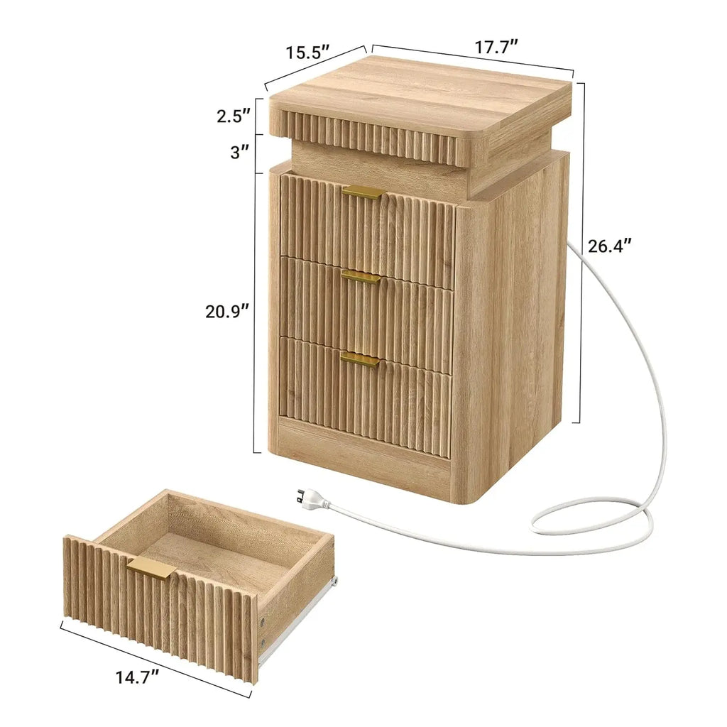 Fluted Night Stand with Charging Station Set of 2, 3-Drawer LED Bedside Tables for Bedroom, Modern Sofa Side Tables, Customized