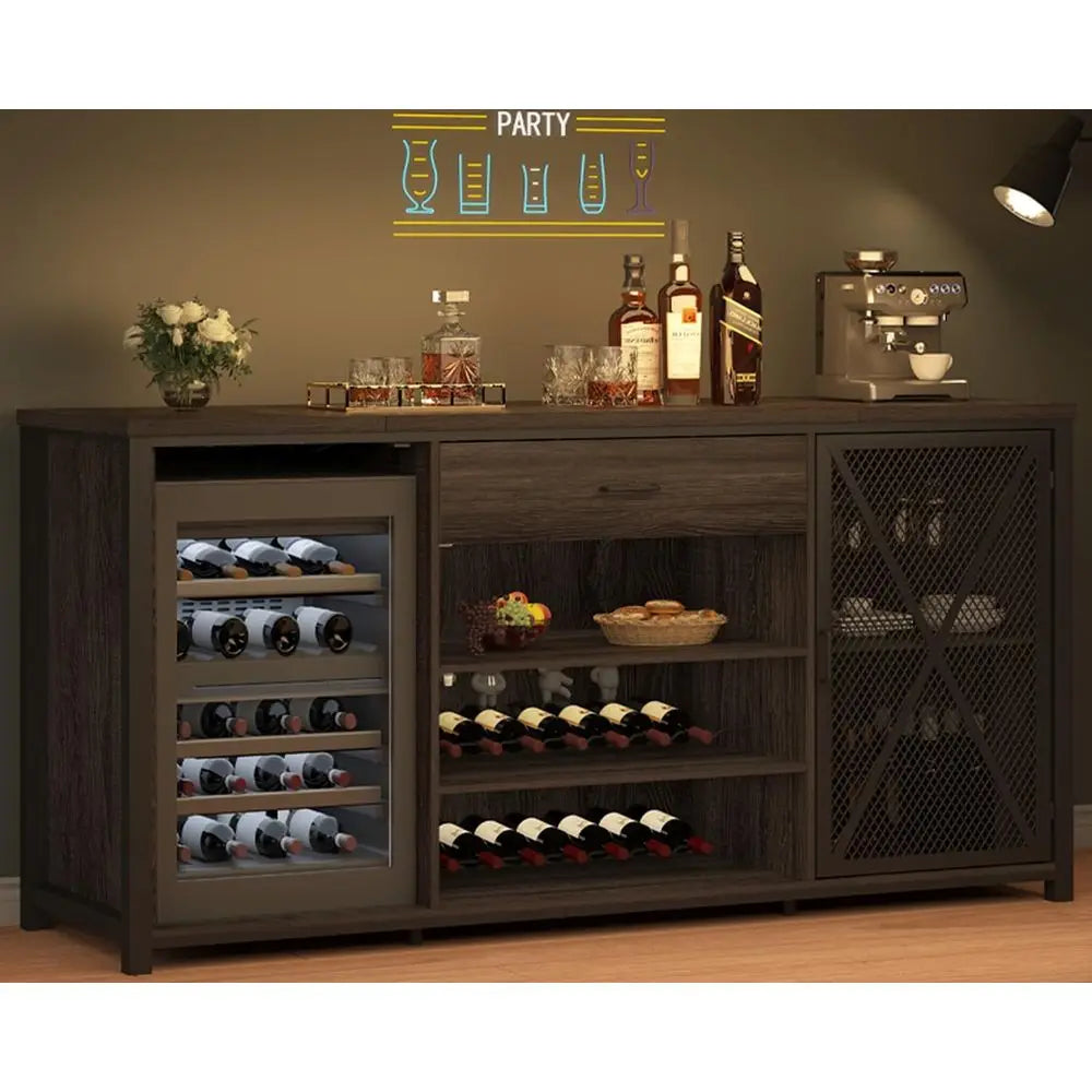 70 Inch Rustic Wood and Metal Large Wine Cabinet with Storage for Kitchen Dining Room
