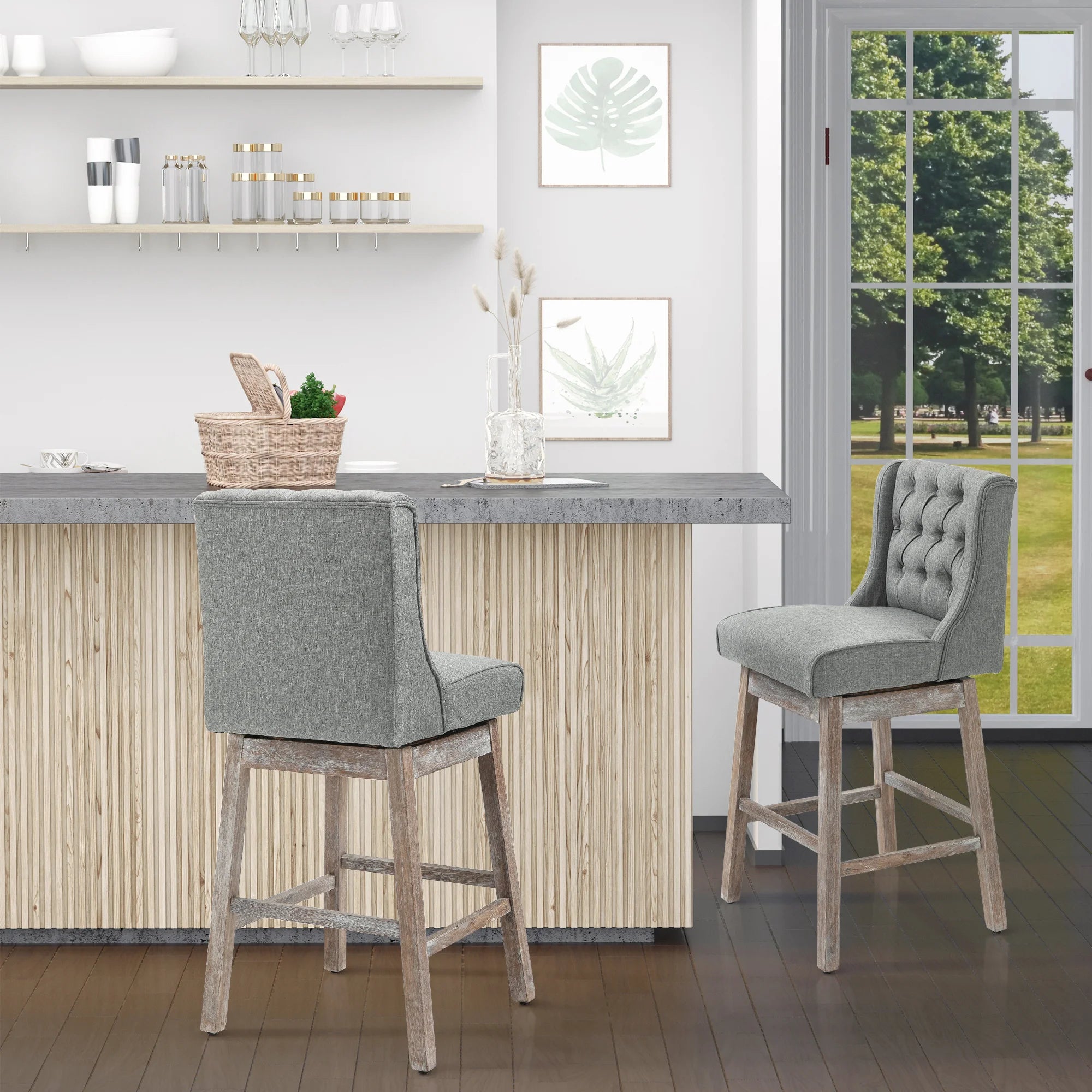 HOMCOM Bar Height Bar Stools Set of 2, 180 Degree Swivel Barstools with Solid Wood Footrests and Button Tufted Design, 30" Seat Height Bar Chairs for Kitchen Island, Gray