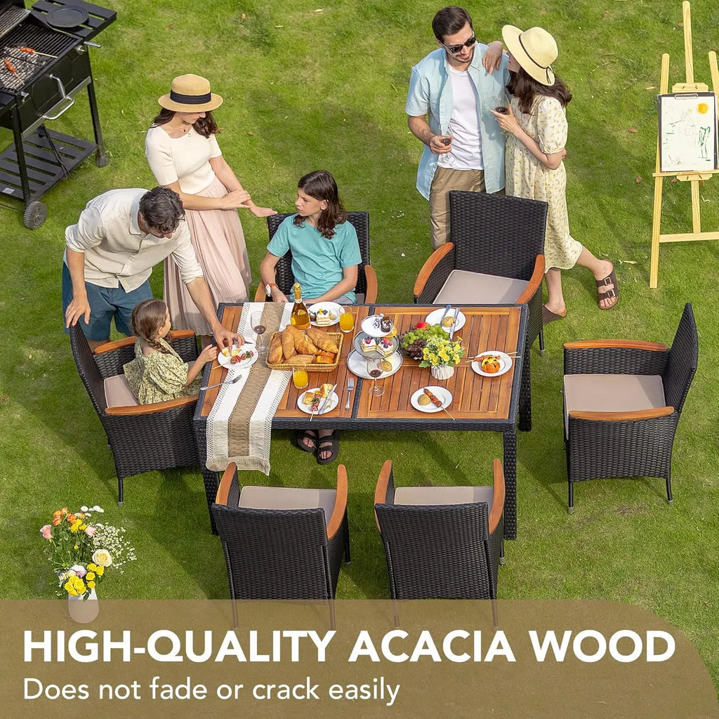 Dining 7 PCS Furniture, Patio Conversation Set with Acacia Wood Table Top, Outdoor, Beige Cushion and Black Rattan, Customized
