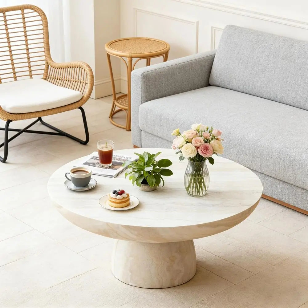 Round Marble Coffee Table with Cylindrical Leg – Fiberglass Drum Center Table for Living Room & Cocktail Area